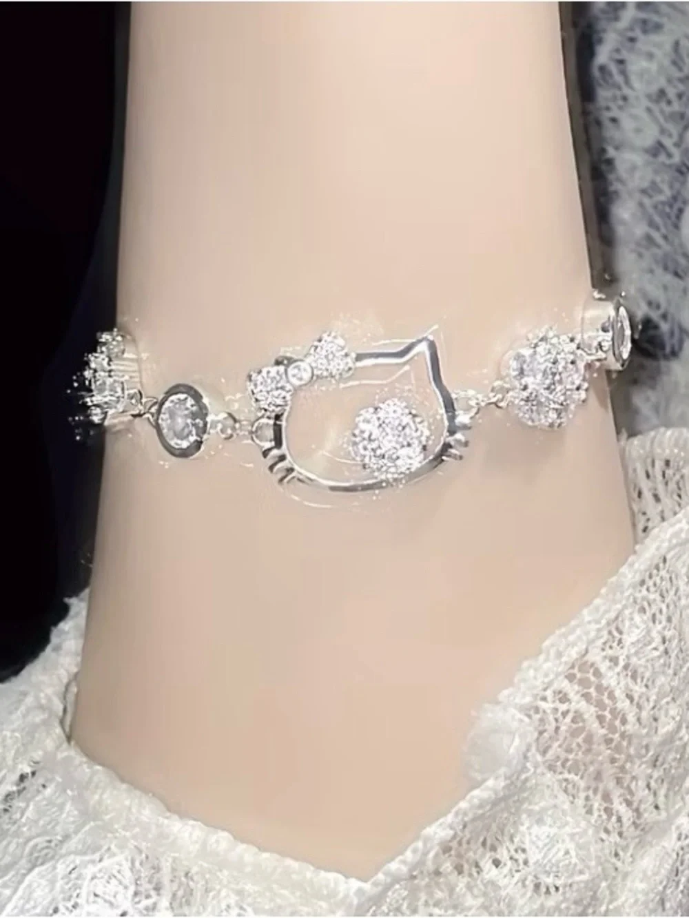 Hello Kitty Silver Tone Charm Bracelet with Sparkling Crystal Accents